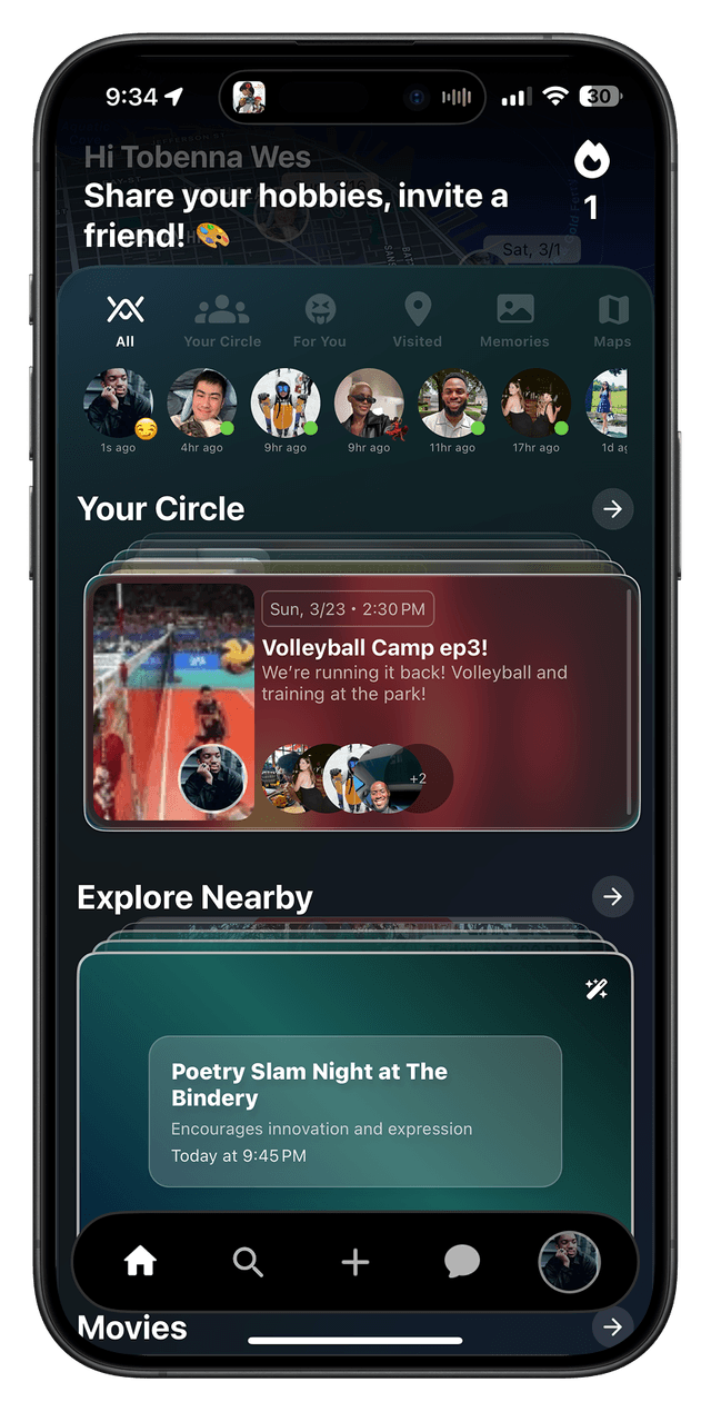 TheMove app interface showing nearby events and hangout spots