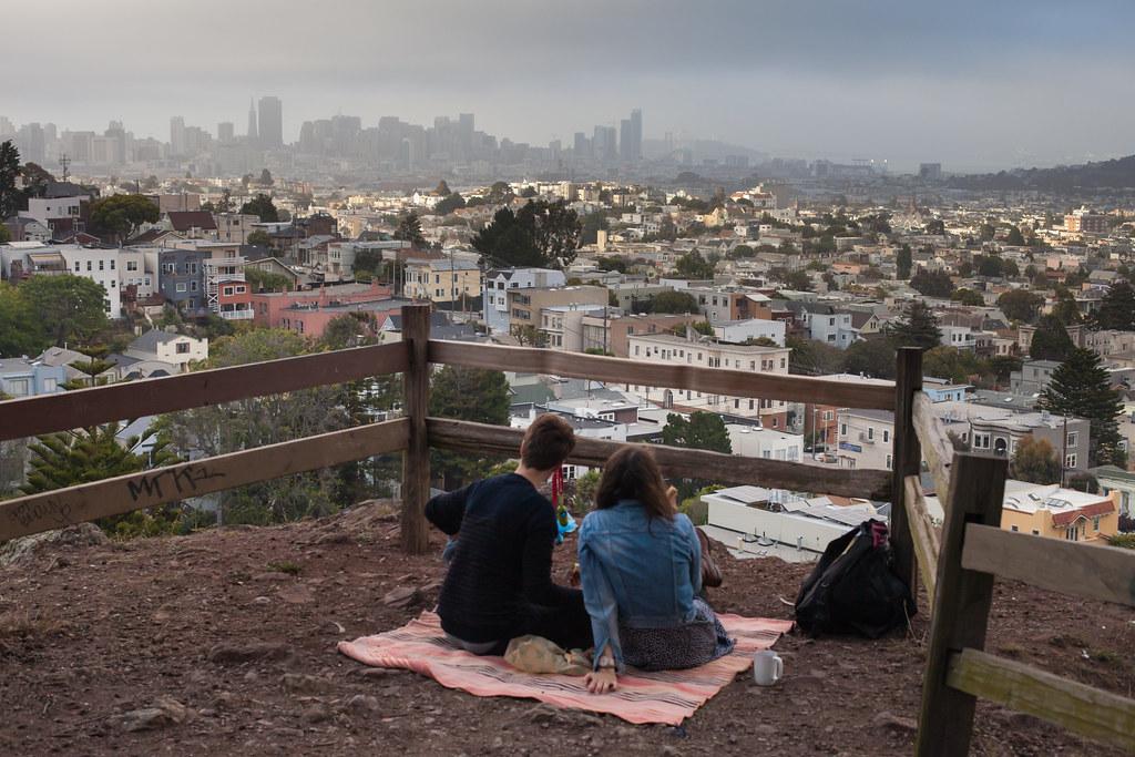 Panoramic view of San Francisco from Billy Goat Hill with rope swing